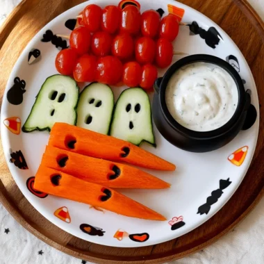Healthy Halloween snack featuring cute veggie ghosts made from vegetables.