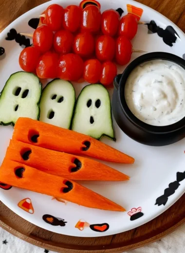 Healthy Halloween snack featuring cute veggie ghosts made from vegetables.