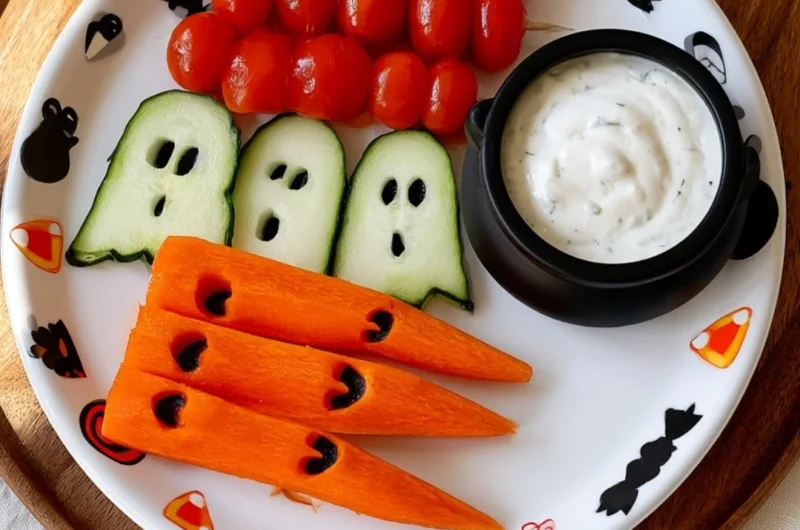 Healthy Halloween snack featuring cute veggie ghosts made from vegetables.