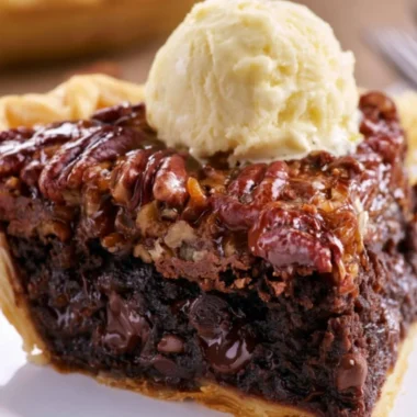 Delicious Brownie Pecan Pie with chocolate and pecans served on a plate.