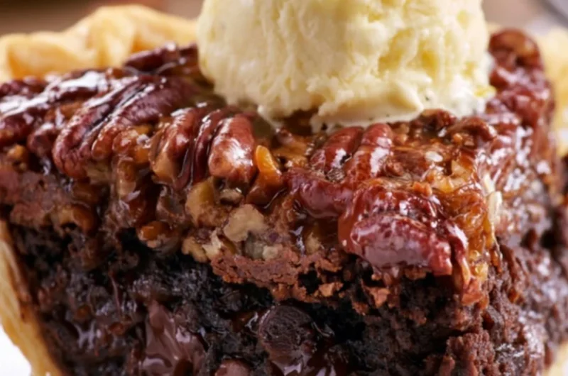 Delicious Brownie Pecan Pie with chocolate and pecans served on a plate.
