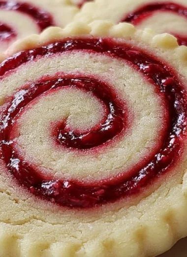 Buttery raspberry swirl shortbread cookies on a plate with fresh raspberries