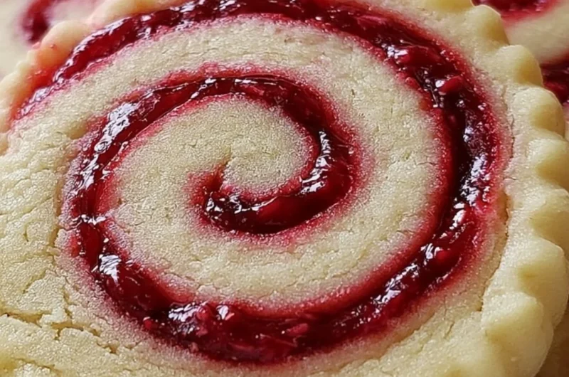 Buttery raspberry swirl shortbread cookies on a plate with fresh raspberries