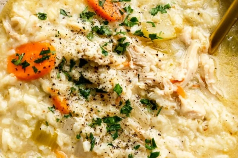 Bowl of delicious homemade chicken rice soup with herbs and vegetables.