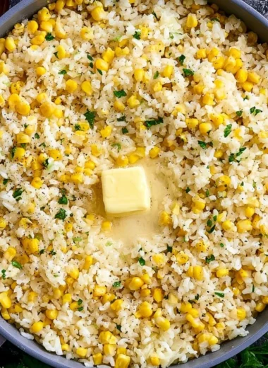 Delicious buttered corn rice served in a bowl with fresh herbs