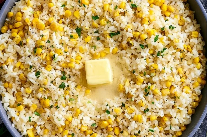 Delicious buttered corn rice served in a bowl with fresh herbs