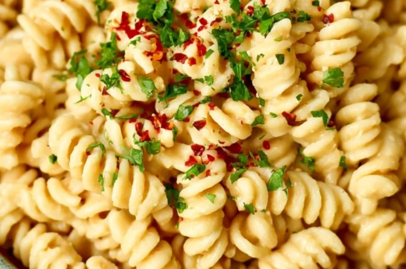 Creamy white bean pasta sauce served over spaghetti