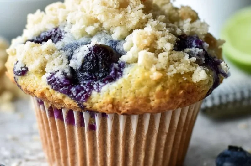 Freshly baked gluten free blueberry muffins on a wooden table