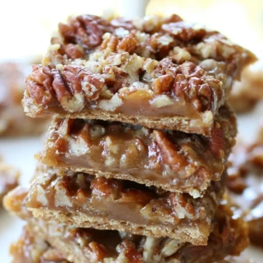 Cozy pecan pie bark with nuts and caramel on a wooden table