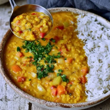 Bowl of cozy red lentil dahl garnished with cilantro and served with rice.