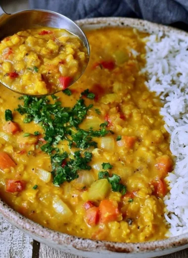 Bowl of cozy red lentil dahl garnished with cilantro and served with rice.