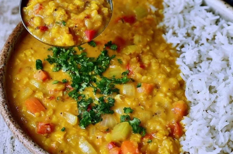 Bowl of cozy red lentil dahl garnished with cilantro and served with rice.