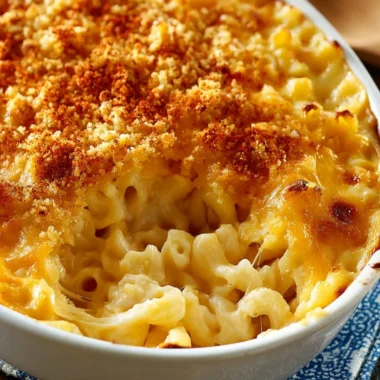Baked macaroni and cheese with a golden, cheesy crust served in a cozy setting.