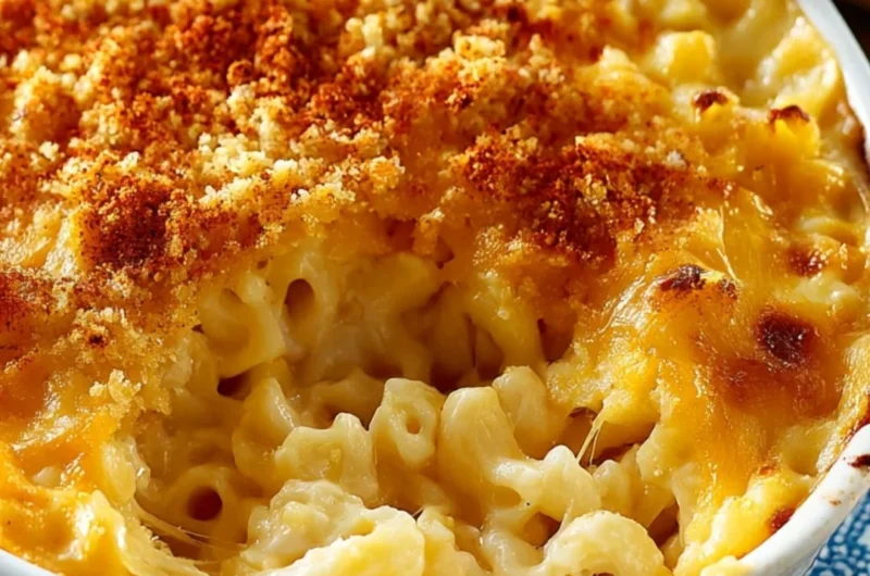Baked macaroni and cheese with a golden, cheesy crust served in a cozy setting.