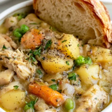Bowl of delicious slow cooker chicken stew with vegetables and herbs