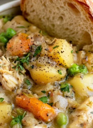 Bowl of delicious slow cooker chicken stew with vegetables and herbs