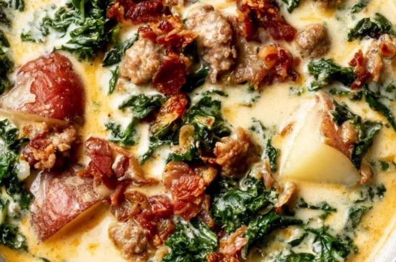 A bowl of creamy Tuscany soup garnished with herbs and vegetables.