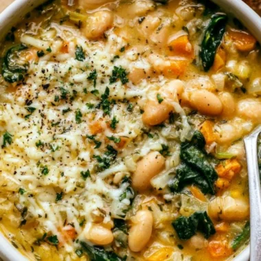 Bowl of creamy white bean soup topped with herbs and served with crusty bread