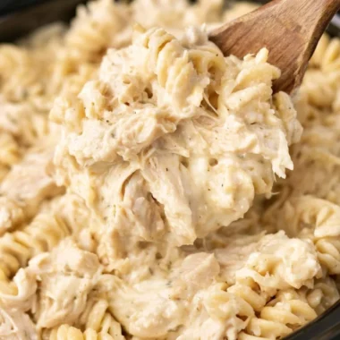 Crockpot Garlic Parmesan Chicken Pasta dish on a plate
