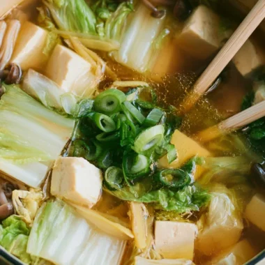 Bowl of delicious Napa Cabbage Tofu Soup with fresh cabbage and tofu