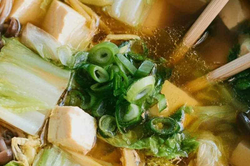 Bowl of delicious Napa Cabbage Tofu Soup with fresh cabbage and tofu