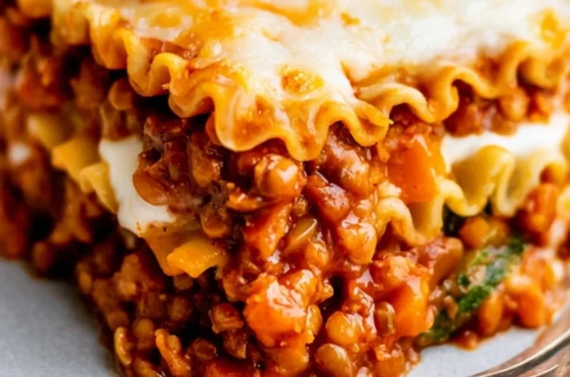 Delicious easy vegan lentil lasagna layered with fresh vegetables and sauce