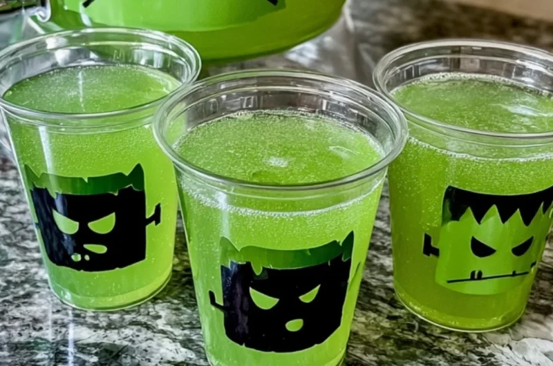 Frankenstein Green Punch cocktail in a spooky Halloween setting.