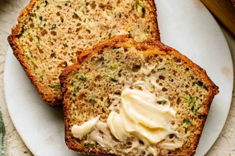 A slice of Greek Yogurt Zucchini Bread on a wooden table, showcasing its moist texture.