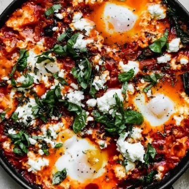 Healthy no-bake stovetop shakshuka with eggs and spices in a skillet