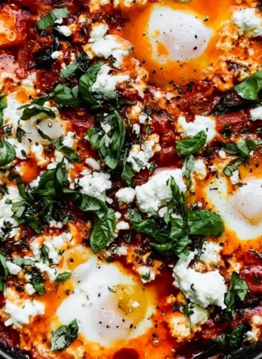 Healthy no-bake stovetop shakshuka with eggs and spices in a skillet