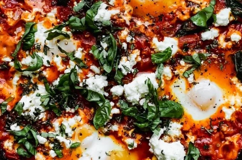 Healthy no-bake stovetop shakshuka with eggs and spices in a skillet