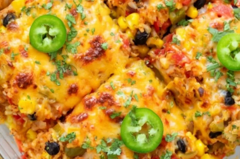 Healthy vegetarian rice and bean casserole baked in a dish, full of colorful vegetables.