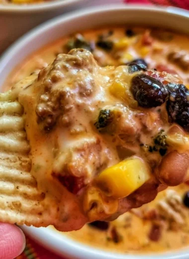 Bowl of high protein creamy taco soup topped with cheese and cilantro