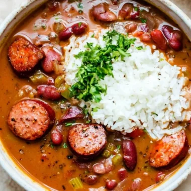 Delicious Louisiana red beans and rice served in a bowl with spices and herbs