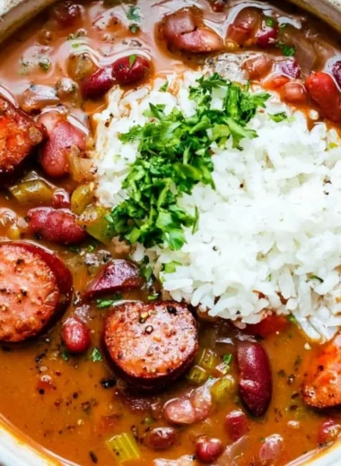 Delicious Louisiana red beans and rice served in a bowl with spices and herbs
