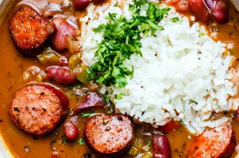 Delicious Louisiana red beans and rice served in a bowl with spices and herbs