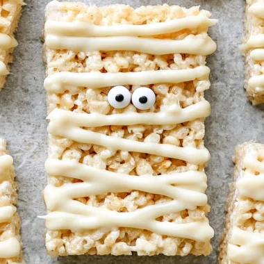 Mummy Rice Krispie Treats decorated for Halloween delight