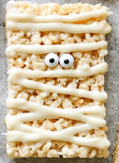 Mummy Rice Krispie Treats decorated for Halloween delight