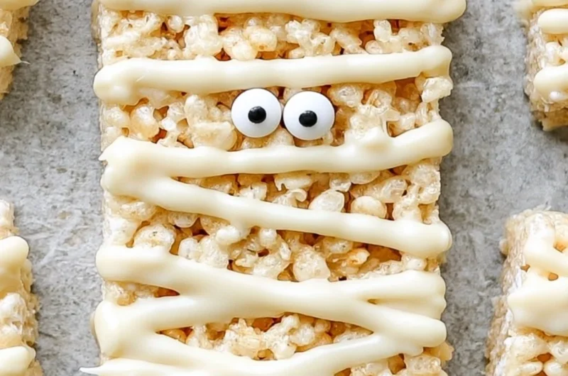 Mummy Rice Krispie Treats decorated for Halloween delight