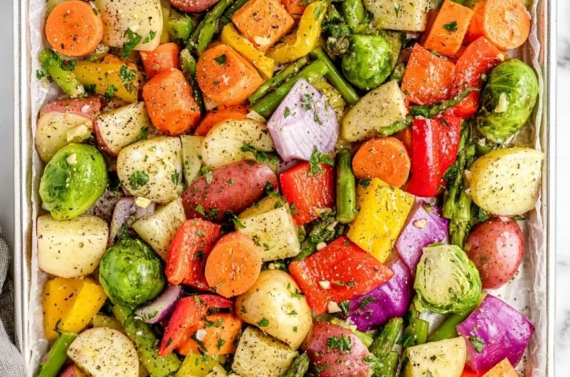 Colorful assortment of oven-roasted vegetables ready to serve.