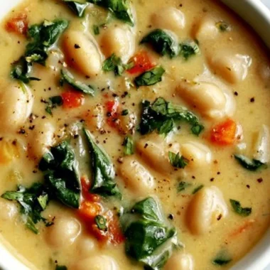 Bowl of high protein white bean soup garnished with fresh herbs