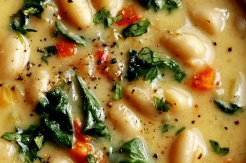 Bowl of high protein white bean soup garnished with fresh herbs