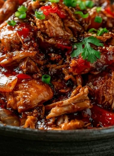 Slow Cooker Sweet Chili Chicken served on a plate with fresh herbs