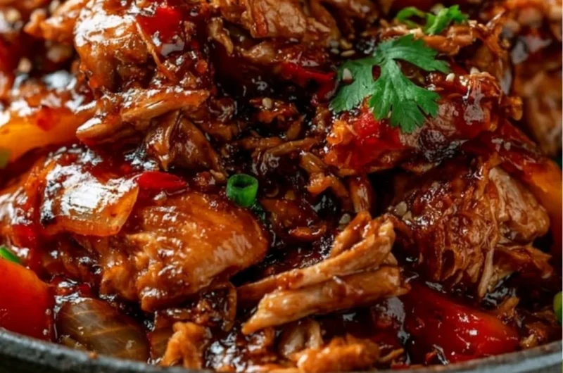 Slow Cooker Sweet Chili Chicken served on a plate with fresh herbs