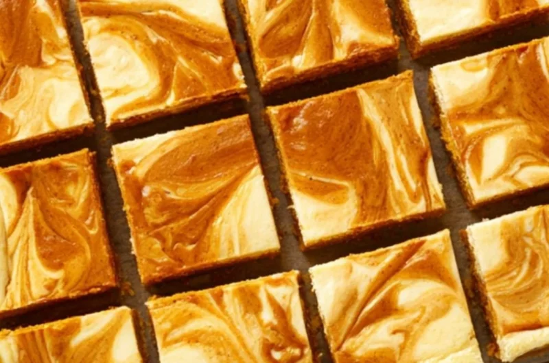 Swirled pumpkin cheesecake bars topped with whipped cream and cinnamon