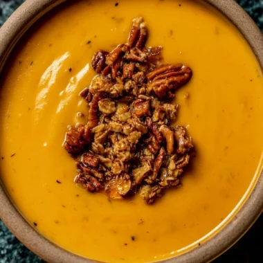 Delicious bowl of apple cheddar sweet potato soup topped with herbs