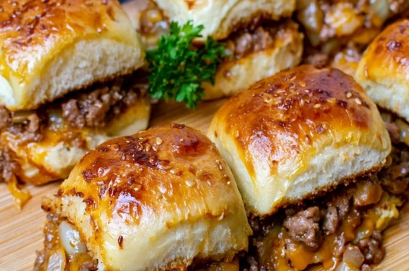 Cheeseburger sliders made with Hawaiian rolls on a platter.