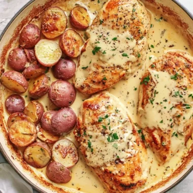 Chicken and potatoes in a creamy Dijon sauce dish
