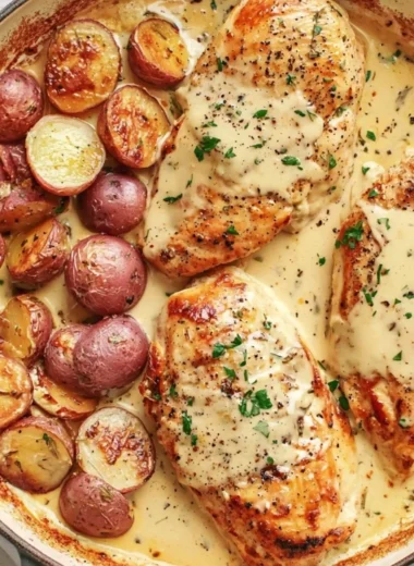 Chicken and potatoes in a creamy Dijon sauce dish
