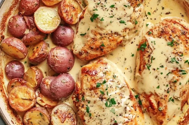 Chicken and potatoes in a creamy Dijon sauce dish